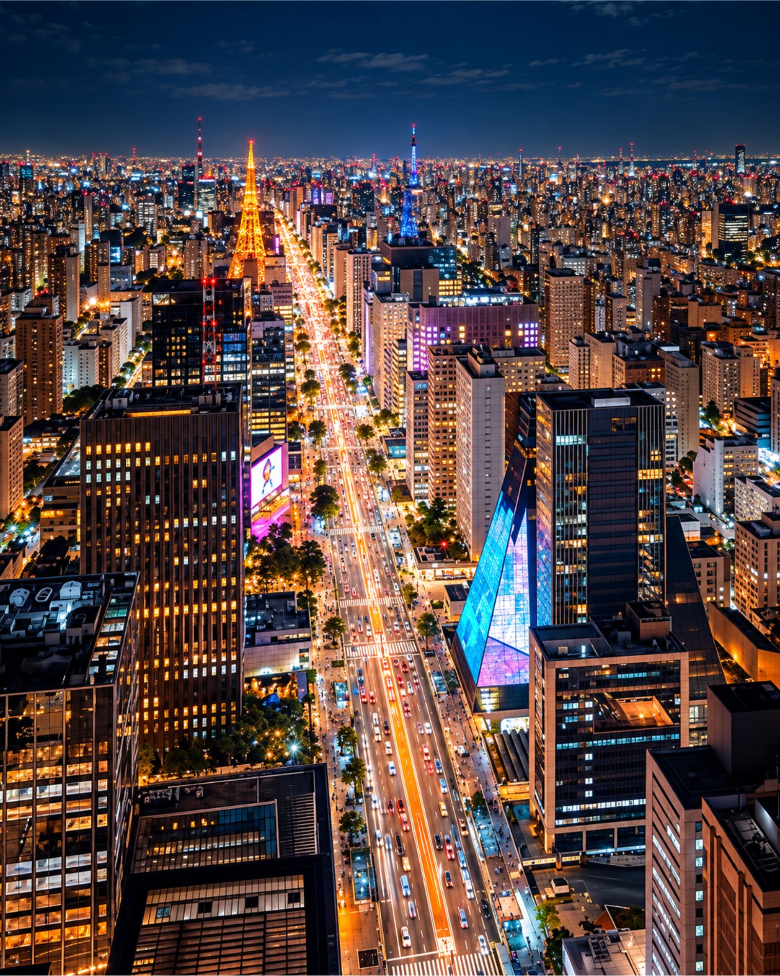 Vista aérea noturna da Avenida Paulista em São Paulo, arranha-céus iluminados, avenida movimentada com trilhas de luz dos carros, torres de telecomunicação e letreiros coloridos, céu azul escuro, fotografia realista de longa exposição