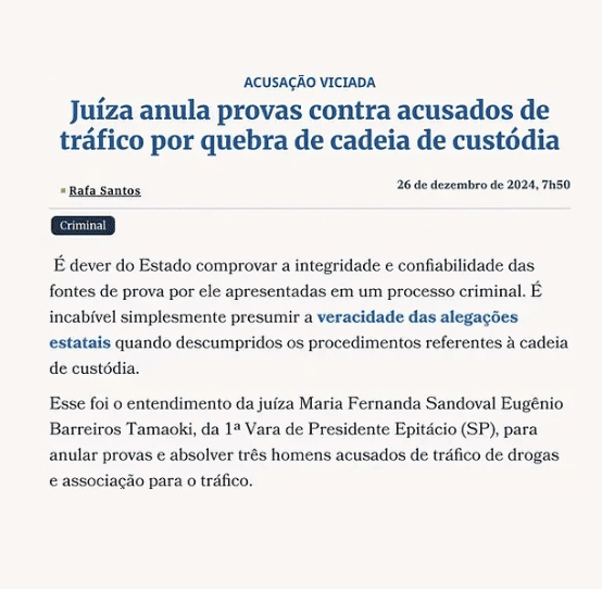 Print de matéria jornalística sobre caso de tráfico de drogas com provas anuladas por quebra de cadeia de custódia, manchete de portal de notícias