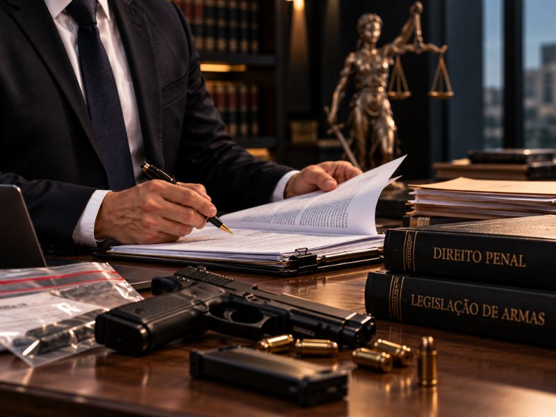 Advogado em terno escuro assinando documentos em escrivaninha de madeira, estátua da justiça dourada ao fundo, livros de Direito Penal e Legislação de Armas sobre a mesa, pistola e munições sobre o tampo, ambiente de escritório jurídico sofisticado, iluminação quente e dramática, fotografia realista