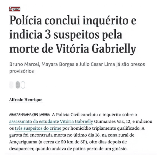 Print de matéria jornalística sobre caso de homicídio qualificado conduzido pelo escritório, manchete de portal de notícias