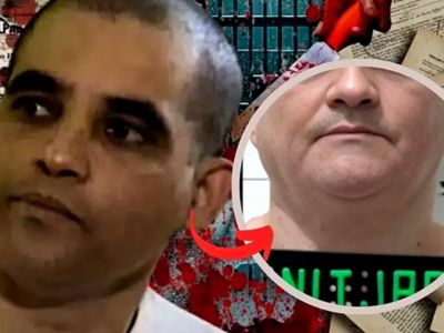 Montagem jornalística comparando o rosto de Francisco de Assis Pereira, o Maníaco do Parque, com foto de identificação em destaque circular e seta vermelha indicativa, estilo reportagem investigativa